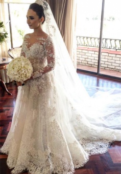 Classic Lace A Line Wedding Dress 2018 Long Sleeve with Flowers Custom Made Wedding Gowns BA3455