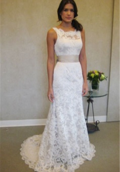 Formal White Lace Sweep Train Bridal Gown Simple Popular Custom Made Plus Size Wedding Dress BA3872