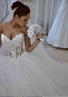 Sparkly Crystal Ball Gown Corset Wedding Dress with Beadings Sweetheart Tulle Princess Bridal Gown