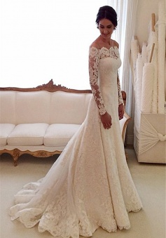 White Off-the-shoulder Lace Long Sleeve Bridal Gowns Sheath Cheap Simple Custom Made Wedding Dresses