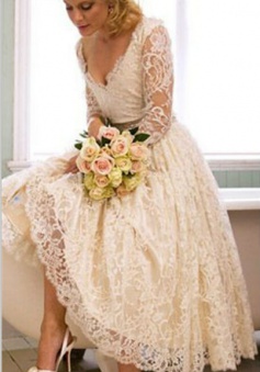 A-Line V-Neck 3/4 Long Sleeve Lace Wedding Dress New Arrival Tea Length Plus Size Bridal Gown BA6794