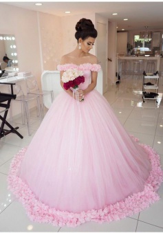 Chic Pink Off The Shoulder Evening Dresses 2018 Ball Gown Flowers Puffy Wedding Dresses