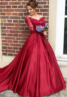 Off The Shoulder Long Sleeve Evening Dresses Dark Red V-neck Pretty 2018 Wedding Dresses