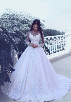 Elegant Tulle Appliques Long Sleeves Wedding Dresses 2018 Bridal Ball Gowns