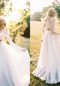 Chiffon Long-Sleeves Lace Two-Piece A-line Elegant Wedding Dresses