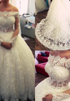 2018 Amazing Ball-Gown Off-the-Shoulder Lace Long-Sleeves Pearls Wedding Dresses