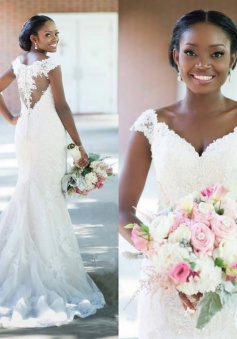 2018 Sexy Lace Long-Train Elegant V-neck Sheath Tulle Sleeveless Wedding Dress