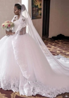 2018 Lace-Appliques Ball-Gown Gorgeous Cap-Sleeve Long Tulle Wedding Dress