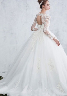 New Arrival Sexy Jewel White Long-Sleeve Ball Gown Lace Wedding Dresses