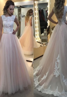 Elegant Lace-up Lace A-Line Sleeveless Tulle Wedding Dress