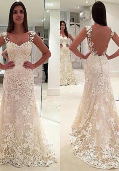 Elegant Sleeveless Backless Bride Dress Cheap Straps Lace Champagne Wedding Dresses