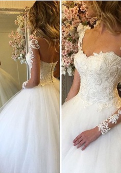 Ball Gown Lace Up Bride Dress 2018 Long Sleeves Glam Lace Wedding Dress BA7300