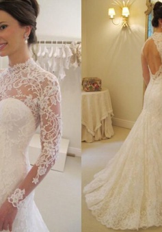 Long-Sleeves Lace Mermaid Elegant Sweep-Train Backless Wedding Dress