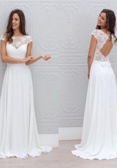 Backless Sweep-train A-line Short-Sleeves Simple White Chic Wedding Dress