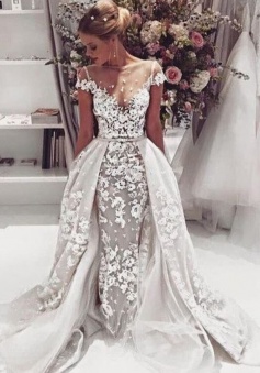 Popular 2018 Overskirt Open Back Bride Dress Sleeves Illusion Lace Appliques Wedding Dress