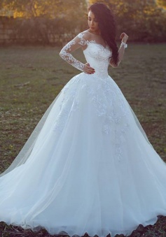 Long-Sleeves Appliques Glamorous Tulle Ball Wedding Dress