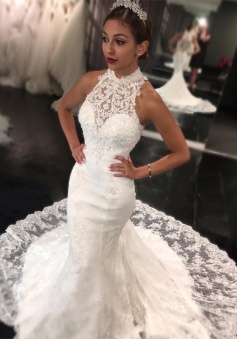 Sweep Train High Neck Bride Dress 2018 Retro Lace Sleeveless Mermaid Newest Wedding Dress