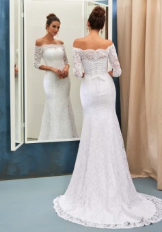 Half Sleeves Bride Dress Lace Simple Sweep Train Off-the-shoulder Lace-up Sheath Column Wedding Dress