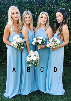 A-Line Halter Sweep Train Sleeveless Blue Chiffon Bridesmaid Dress