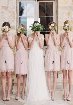 A-Line V-Neck Above-Knee Cap Sleeves Pearl Pink Lace Bridesmaid Dress