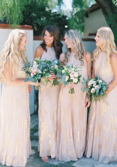 A-Line Halter Floor-Length Sleeveless Print Champagne Chiffon Bridesmaid Dress