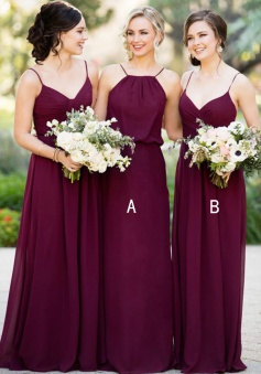 A-Line Spaghetti Straps floor-Length Sleeveless Burgundy Chiffon Bridesmaid Dress