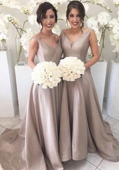 A-Line V-Neck Sweep Train Sleeveless Grey Taffeta Bridesmaid Dress