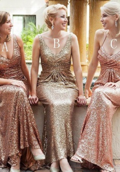 Mermaid Deep V-Neck Sweep Train Sleeveless Gold Sequined Bridesmaid Dress