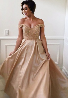 A-Line Off-the-Shoulder Sweep Train Champagne Stretch Satin Bridesmaid Dress with Beading