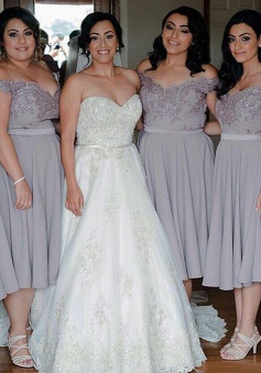 A-Line Off-the-Shoulder Grey Bridesmaid Dress with Beading Appliques