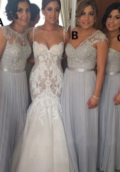 A-Line Round Neck Grey Chiffon Bridesmaid Dress with Sash Beading Appliques