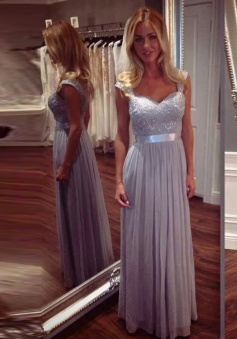 A-Line Square Cap Sleeves Grey Chiffon Bridesmaid Dress with Lace Sequins