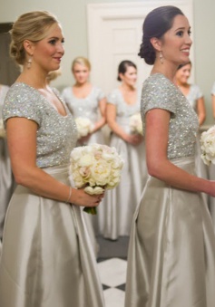 A-Line Scoop Short Sleeves Grey Satin Bridesmaid Dress with Sequins