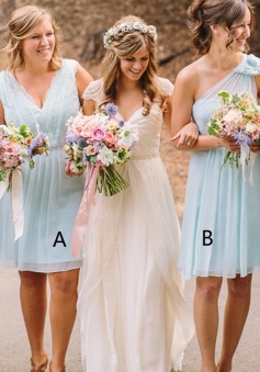 A-Line V-Neck Light Bue Short Chiffon Bridesmaid Dress with Lace