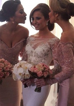 Mermaid Off-the-Shoulder Long Sleeves Blush Bridesmaid Dress with Beading