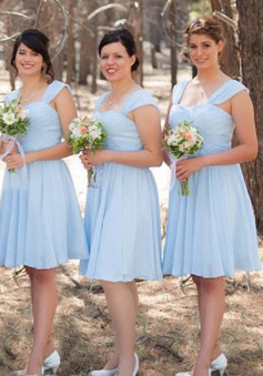 A-Line Square Neck Short Light Blue Chiffon Bridesmaid Dress Ruched