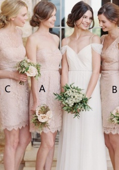 A-Line Sweethert Short Pearl Pink Lace Bridesmaid Dress