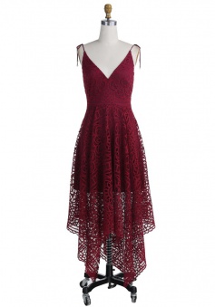 A-Line Spaghetti Straps Asymmetrical Burgundy Lace Bridesmaid Dress