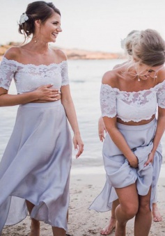 Two Piece Off-the-Shoulder Light Grey Bridesmaid Dress with Lace