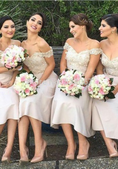 A-Line Off-the-Shoulder Light Pink Bridesmaid Dress with Appliques