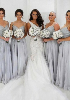 A-Line Spaghetti Straps Grey Tulle Bridesmaid Dress with Appliques