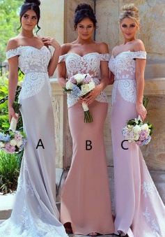 Mermaid Off-the-Shoulder Sweep Train Bridesmaid Dress with Sash Lace