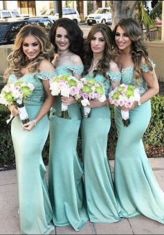 Mermaid Off-the-Shoulder Sweep Train Mint Green Bridesmaid Dress with Lace