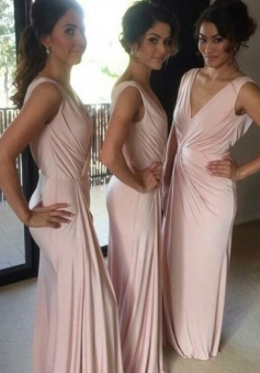 Sheath V-Neck Floor-Length Pink Spandex Bridesmaid Dress
