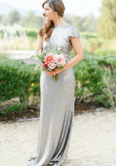 Sheath Bateau Sweep Train Backless Silver Sequined Bridesmaid Dress