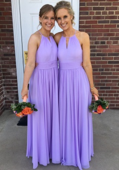 A-Line Round Neck Keyhole Lavender Chiffon Bridesmaid Dress