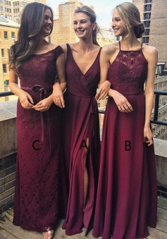 A-Line V-Neck Floor-Length Grape Chiffon Bridesmaid Dress wtih Split