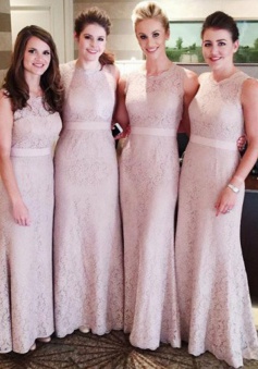 Sheath Round Neck Floor-Length Pink Lace Bridesmaid Dress with Sash