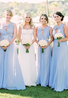 A-Line V-Neck Keyhole Blue Ruched Chiffon Bridesmaid Dress