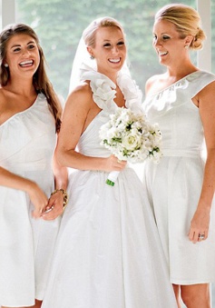 A-Line One Shoulder Short White Chiffon Bridesmaid Dress with Ruffles